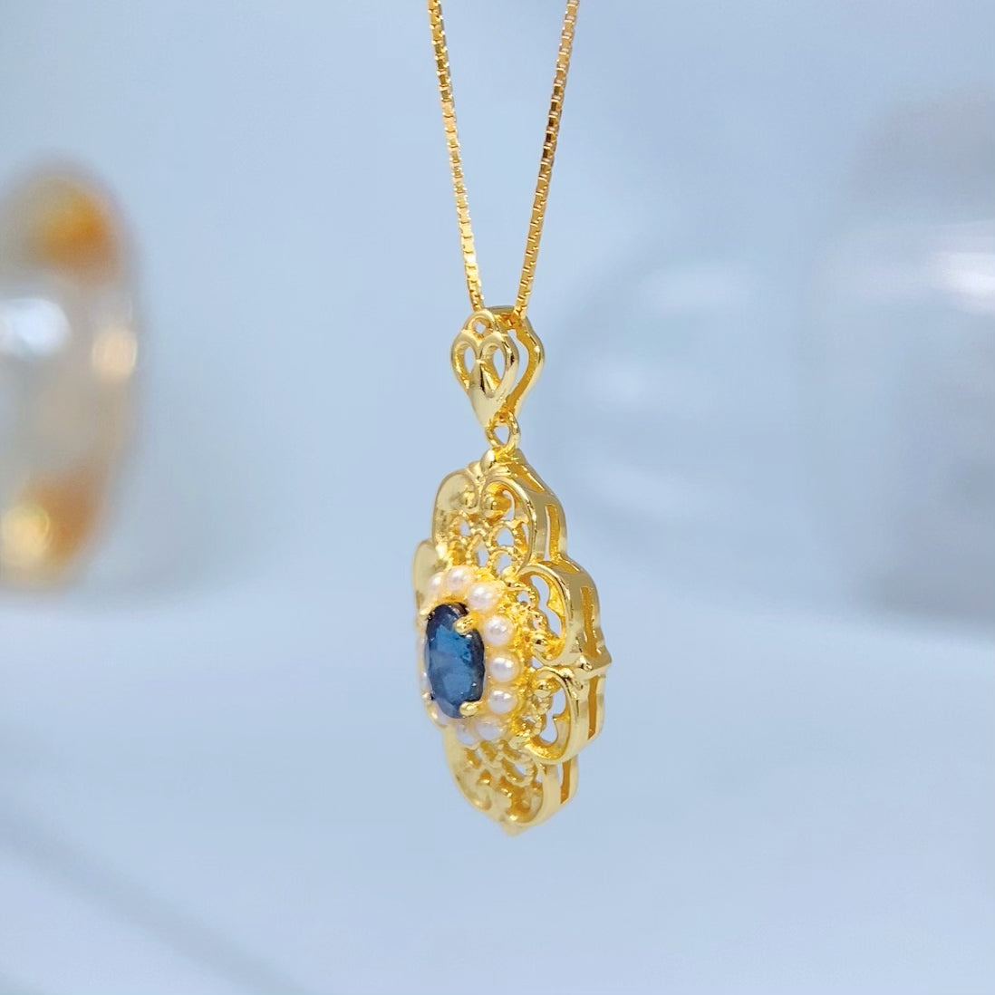 Blue Sapphire Ornate Floral Gold Vermeil Pendant gold-tone supplier photograph 8605