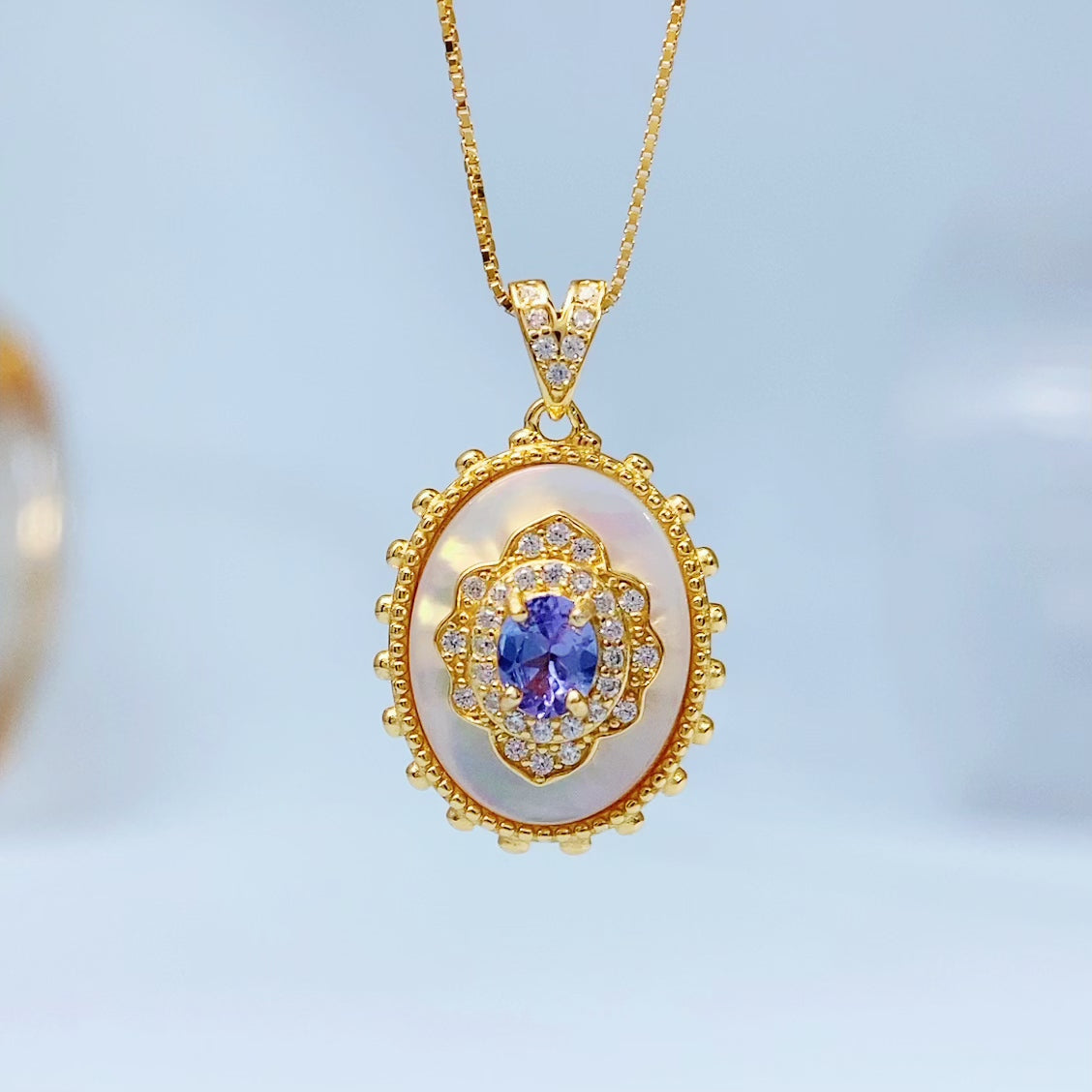 Tanzanite Medallion Gold Vermeil Pendant — actual supplier gold-finish photo 8586