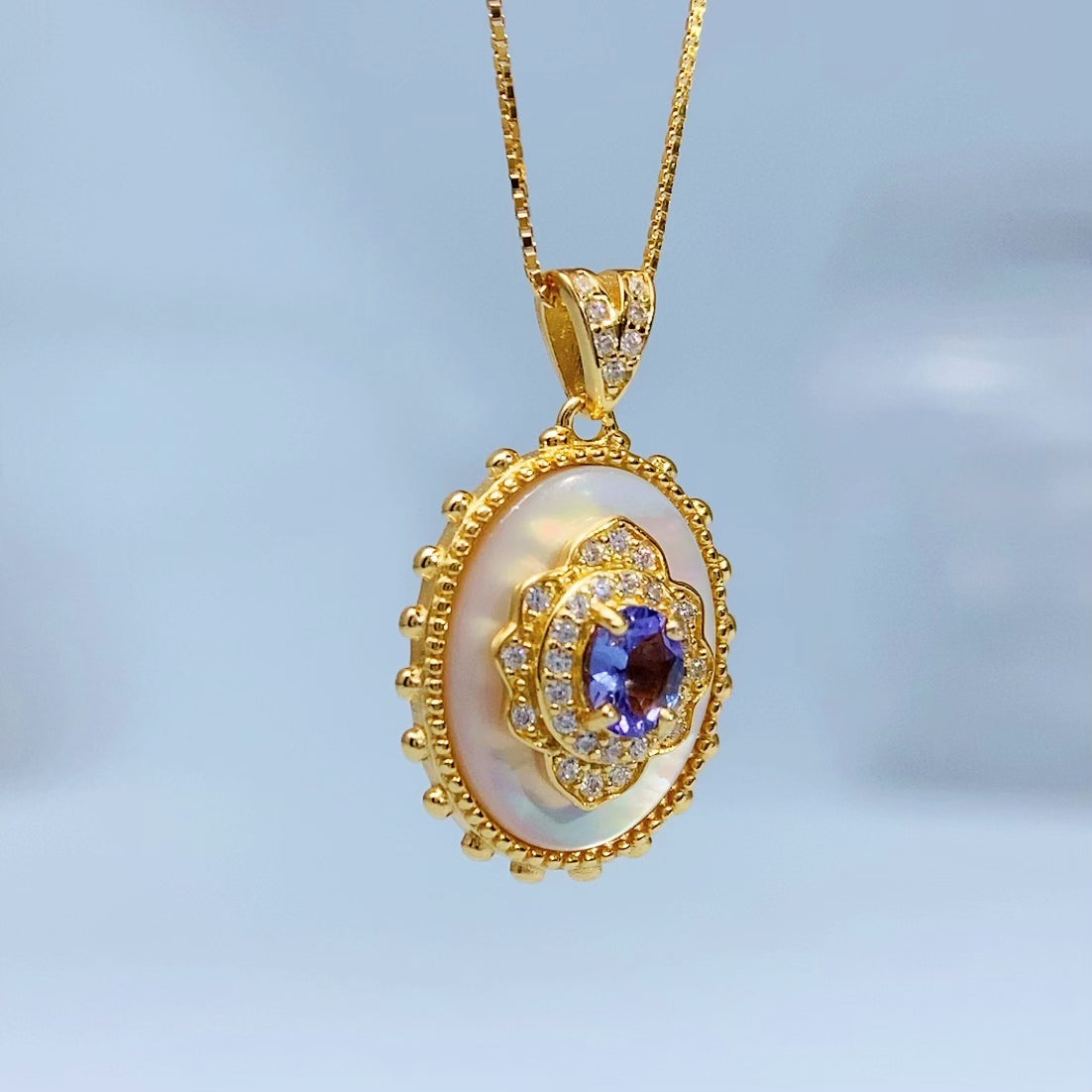 Tanzanite Medallion Gold Vermeil Pendant — actual supplier gold-finish photo 8588