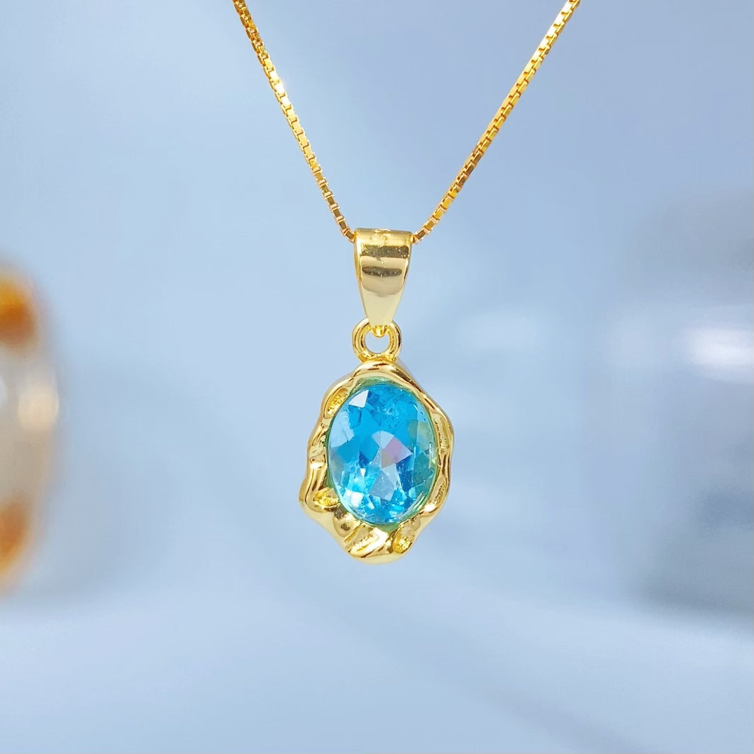 Handmade Sky Blue Topaz Oval Gold Vermeil Pendant, natural Blue Topaz gemstone and gold vermeil over 925 sterling silver, handmade delicate pendant
