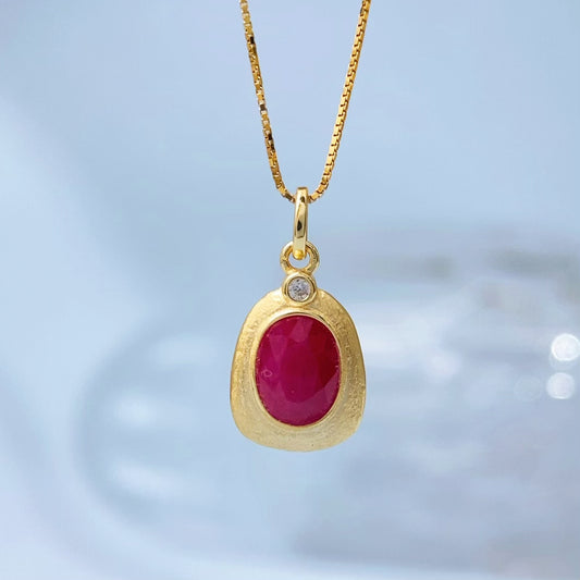 Handmade Ruby Oval Bezel Gold Vermeil Pendant, natural Ruby gemstone and gold vermeil over 925 sterling silver, handmade delicate pendant