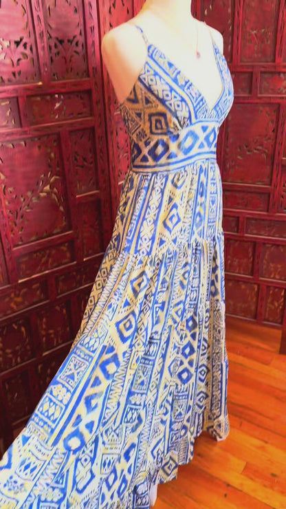 White and Blue Pattern Maxi Dress