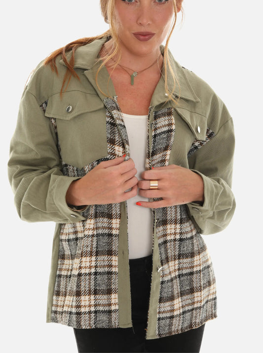 Women's Plaid Patchwork Cotton Twill Denim Button Jacket guruscreation