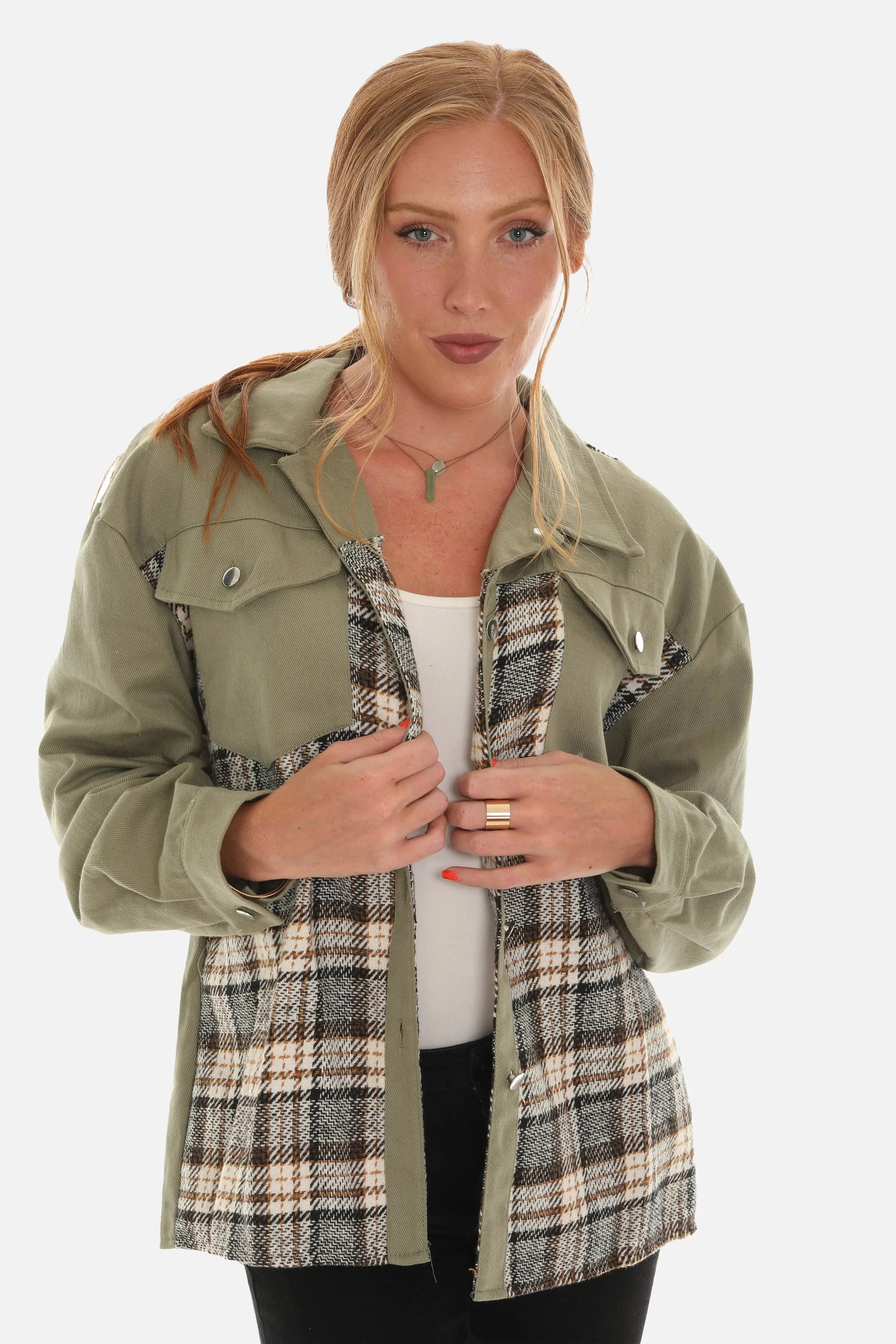 Women's Plaid Patchwork Cotton Twill Denim Button Jacket guruscreation