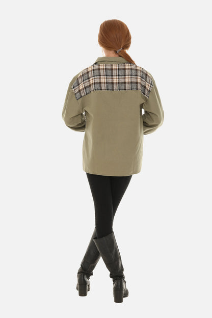 Women's Plaid Patchwork Cotton Twill Denim Button Jacket guruscreation
